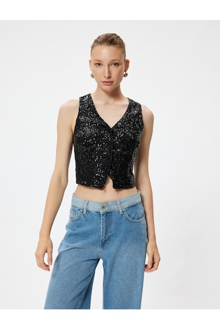 Koton Abiye Yelek Crop Pullu Payetli V Yaka Kolsuz Düğmeli Slim Fit Siyah 4sak50002fk Siyah