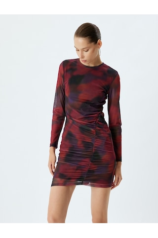 Koton Tül Elbise Mini Drapeli Batik Desenli Bisiklet Yaka Uzun Kollu Slim Fit Bordo Desenli 5wal80013ık Bordo