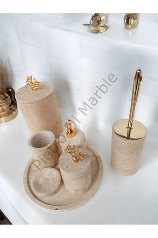 Sarı Traverten Klasik Model 7 Parça Gold Renk Mercan Aksesuarlı Banyo Seti Sarı Traverten