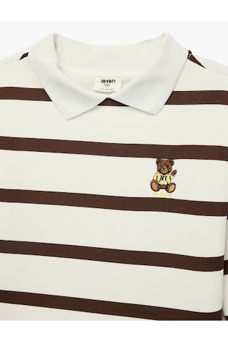 Koton Uzun Kollu Nakış Detaylı Oversize Polo Yaka Sweatshirt Kahverengi Çizgili 7wkg10149ak