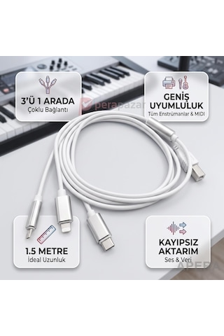 3'ü 1 Arada Usb Tip-b Midi Yazıcı Kablosu 1.5 Metre Type-c Micro İos Uyumlu Enstrüman Veri Aktarımı Cr91