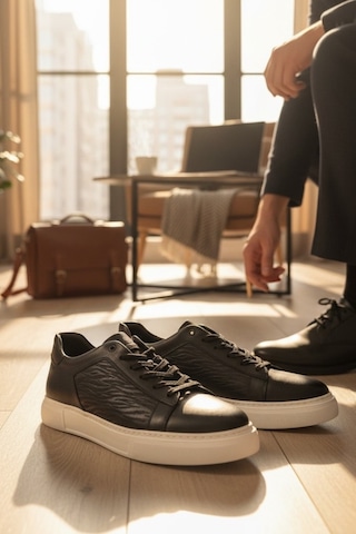 Enoch Hakiki Deri Dalga Desen Garnili Günlük Erkek Sneaker Comfort Taban Siyah