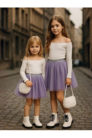 Kız Çocuk Beli Lastikli Tütü Etek-16227 Lila