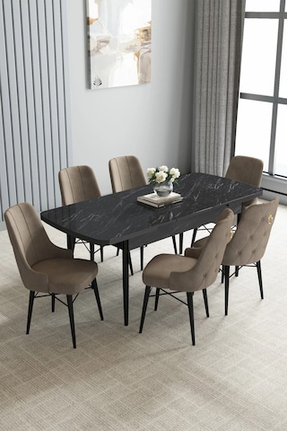 Zümra Serisi, Siyah Mermer Desen 80x132 Açılabilir Mdf Mutfak Masası Takımı 6 Adet Sandalye, Cappucino
