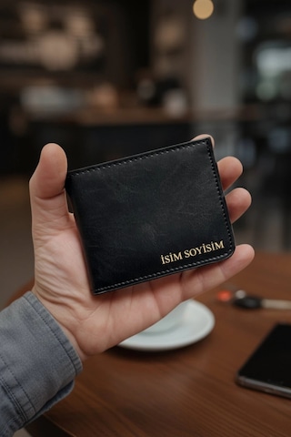 Vegan Deri Cüzdan İsim Baskılı Süper Ince Model 5 Adet Kart Kapasiteli Gizli Çıtçıtlı Kapama Siyah Siyah