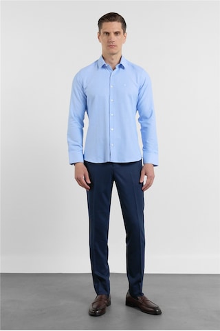 İmza Mavi Sert Yaka Uzun Kol Cepsiz Slim Fit Pamuklu Gömlek 1004255284