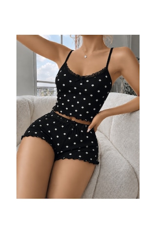 Fantezia Kadın Siyah Puantiyeli Dantelli Yumuşak Askılı Şortlu Pijama Takımı 5268