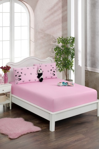 Valezium Pembe Panda Baskılı Kumaş Lastikli Fıtted Yastıklı Çarşaf Seti 120x200 Pembe Siyah