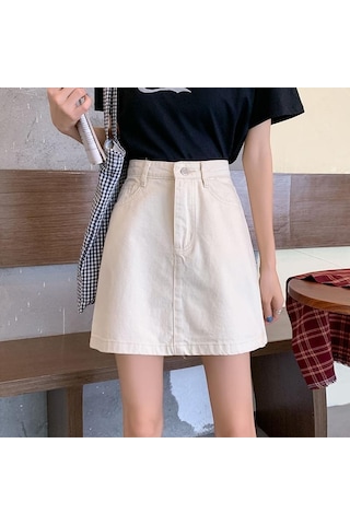 Yaz Yüksek Bel A Hattı Düğmeli Kot Etek Mini Siyah Beyaz Slim Fit Kot Etek Beyaz