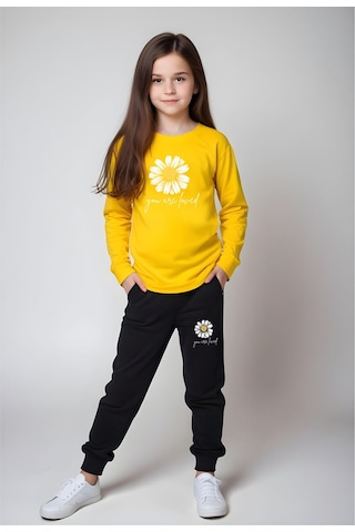 Fyk Kids Bel Detayı Lastikli Baskılı Kız Çocuk Alt-üst Takım Sarı