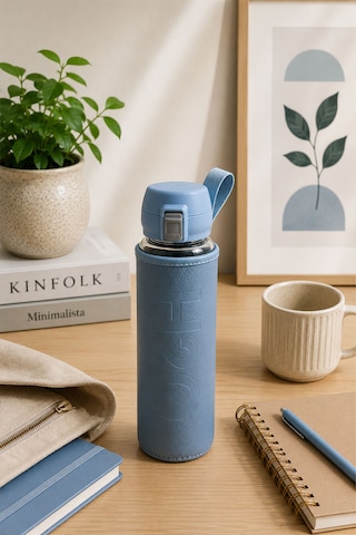 H2o Pastel Renk Kılıflı Kilit Kapaklı 500 Ml Cam Matara Sızdırmaz Ofis Ve Spor İçin Koruyucu Kılıflı Cam Suluk Mavi