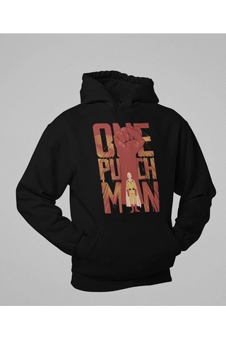 Sevbano Saitama Anime Karakter Baskılı Unisex Hoodie, Oversize One Punch Siyah