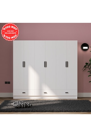 İnci 6 Kapak 3 Çekmeceli Gardırop %100 Mdf