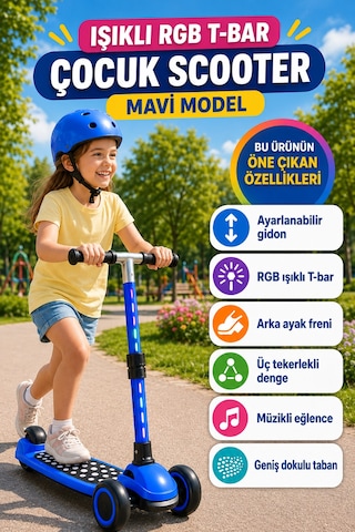 Mavi Speedx Wx-817 Rgb Işıklı Müzikli Çocuk Scooter Ayarlanabilir Alüminyum T-bar Tekerlekli Frenli