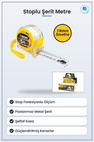 Şerit Metre 5 M X 19 Mm Şeffaf Kasalı Stoplu Çelik Ölçüm Aleti Pa