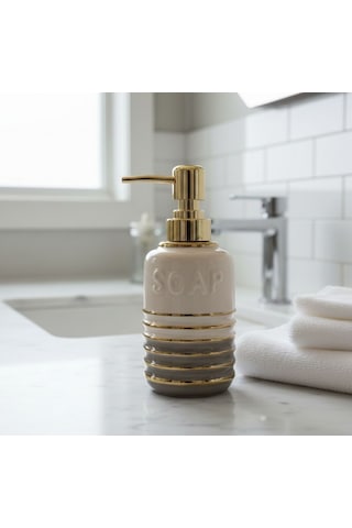 Lumina Gold Lüks Porselen Sıvı Sabunluk - Altın Çizgili Banyo Aksesuarı Gri