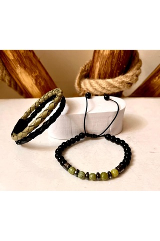 %100 Deri&hematit Kombinli 3lü Erkek Bileklik Set 21 Cm Türk El