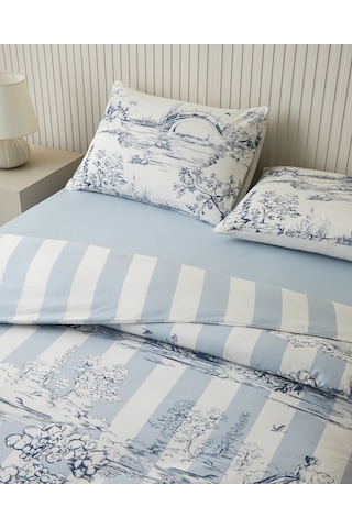 English Home Striped Jouy Pamuk Tek Kişilik Nevresim Takımı 160x220 Cm Mavi