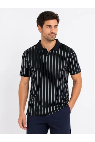 Defymoda Erkek Pike Kumaş Çizgili Polo Yaka Tişört Kısa Kol Yazlık T-shirt - Siyah