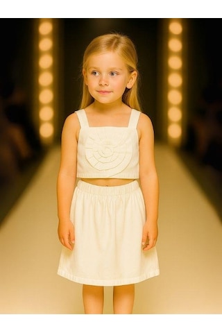 Kız Çocuk Crop Dokuma Çiçekli Etek Takım-15966 Beyaz