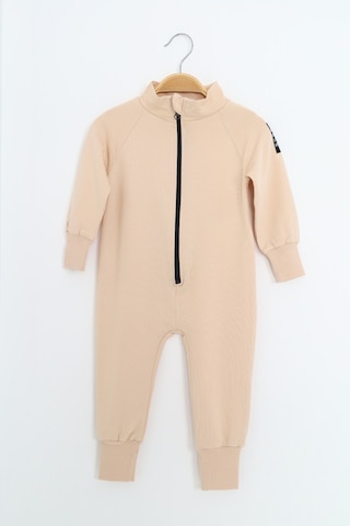 Toontoy Kids Toontoy Erkek Bebek Baskılı Dik Yaka Fermuarlı Reglan Kol Basic Tulum Bej