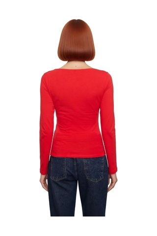 Frm Kadın Moda Şık Üst Giyim Crop Kayık Yaka Slim Kalıp Örme Pamuklu Kırmızı