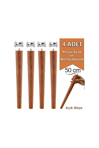 4 Adet Ahşap Ayak 50 Cm Açık Meşe M8 Civatalı Bağlantı Aparatlı Mobilya Tabure Sehpa Masa Destek Ayağı Açık Meşe