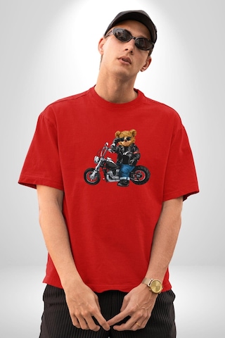 Kask Güneş Gözlüğü Motor Ayı Pamuklu Bisiklet Yaka Unisex Oversize Boyfriend Dijital Baskılı Kırmızı T-shirt Kırmızı
