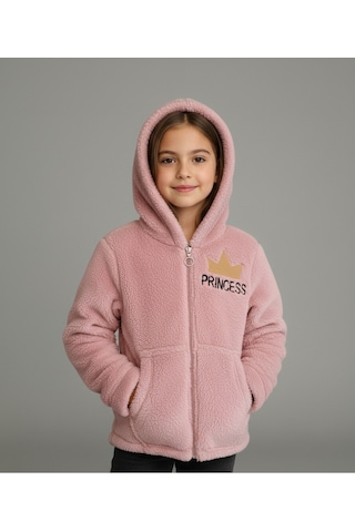 Princess Yazılı Taç Nakışlı Gül Kurusu Pelüş Kapüşonlu Kız Çocuk Hırka Gül Kurusu
