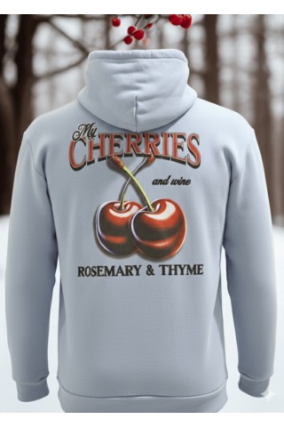 Feydi Unisex İçi Polarlı Kapüşonlu Sweatshirt Cherries Baskılı Açık Mavi