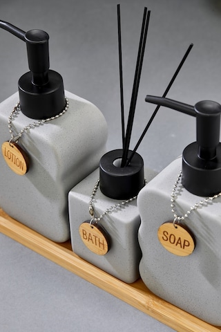 Cooker 3'lü 300 Ml Seramik Bambu Standlı Banyo Seti Ckr3883 Gri