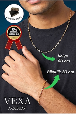 Kararmaz İthal Çelik Ataç Model Zincir Kolye & Bileklik Set Özel Kutulu, Hediyeli Ürün Altın