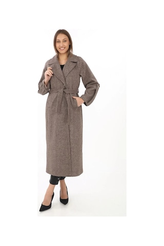 Kadın Uzun Kaşe Kaban Yünlü Dokuma Kaşmir Kumaş, Kruvaze Yaka, Kuşaklı Astarlı Tesettür Uyumlu Şık Vizon