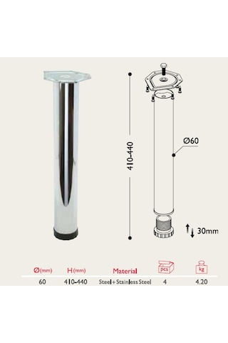 Gürçayhırdavat Sehpa Ayağı 13.181 - 60Mm Krom 41Cm (4 Adet)