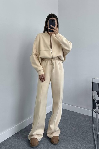 Dip Moda Kadın Pamuklu Kışlık Sweat Pantlon Eşofman Takımı Dpgts018 Bej