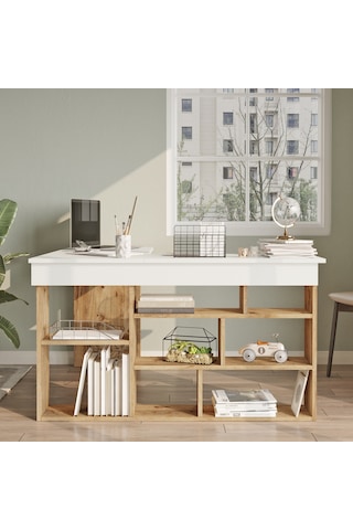 Yurudesign Tywin Kitaplık Raflı Çalışma Masası Çam-Beyaz