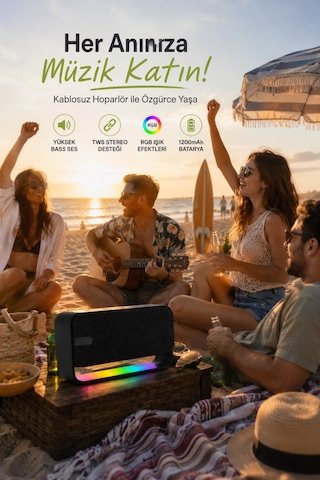 Bluetooth Hoparlör Taşınabilir Kablosuz Speaker Usb/tf/tws Destekli 1200mah 12w Güçlü Bass Ses Bombası