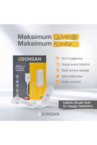 Günsan Akıllı Wifi Su Kaçağı Dedektörü Kablolu Tuya & Smart Life Uyumlu