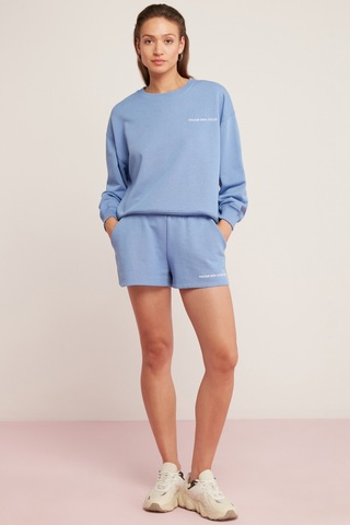 Ethıquet Sandra Kadın Pamuklu Içi Polarlı Yumuşacık Göğsü Baskılı Yuvarlak Yaka Comfort Mavi Sweatsh