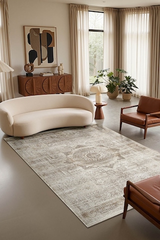 Matris Mı005r Krem Kahve Halı Modern Pamuk Taban Akrilik Tozuaz Salon Yatak Odası Koridor Halısı-1333