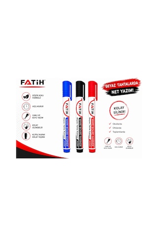 Fatih Beyaz Tahta Kalemi 3'lü Set Mavi Siyah Kırmızı Whiteboard Marker Silinebilir Çok Renkli
