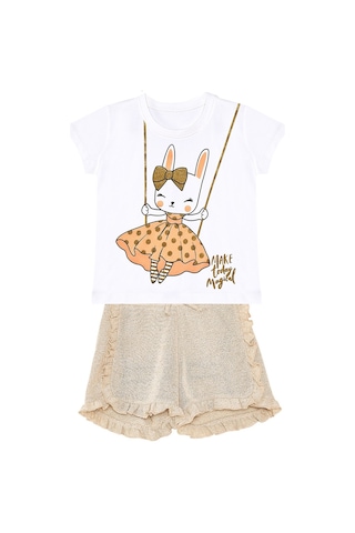 Denokids Mutlu Tavşan Kız Çocuk T-shirt Simli Şort Takım Çok Renkli