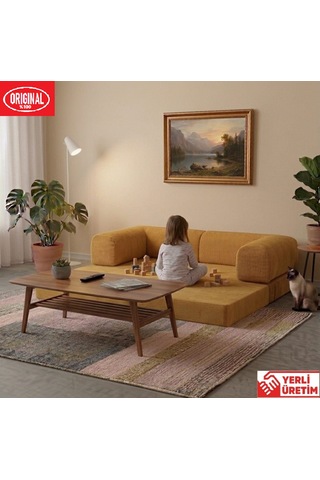 Herev 180x180 Cm 50 Dns Modüler Köşe Koltuk Fitilli Kadife Kumaş, Yatak Olabilen, Modern Tasarım Şark Köşe Hardal