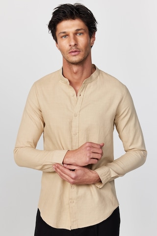 Tudors Slim Fit Dar Kalıp Uzun Kol Hakim Yaka Pamuklu Keten Efekt Bej Gömlek-28836-bej Bej