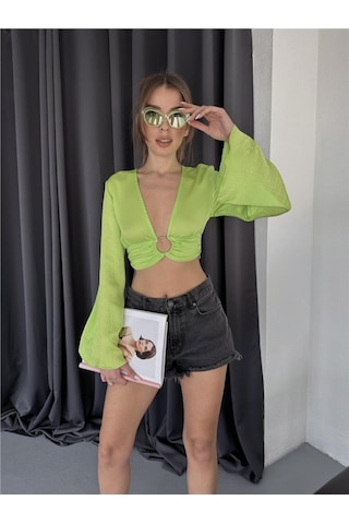 Saten Crop Toka Detaylı Bluz - Yeşil Karışık