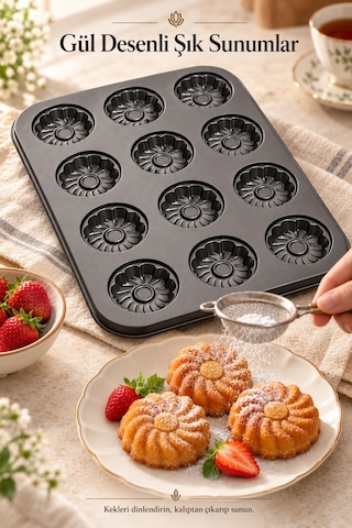 Tilbe Home 2'li Gül Kabartma 12'li Muffin Kalıbı Yapışmaz Cupcake Kek Kapsül Brownie Fırın Tepsisi P Siyah