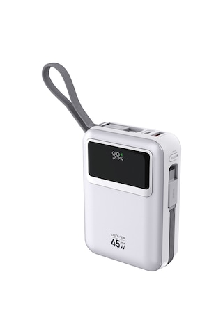 Lenyes C03-a Dijital Led Göstergeli Type-c Ve Lightning Kablolu Powerbank 45w 10.000mah Gümüş Gümüş