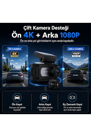K12 Max 4k Ultra Hd Akıllı Araç Kamerası Ön 4k + Arka Hd Çift Kayıt, Adas, Wifi App Kontrolü, Gece Görüşü, 24 Saat Park Koruması