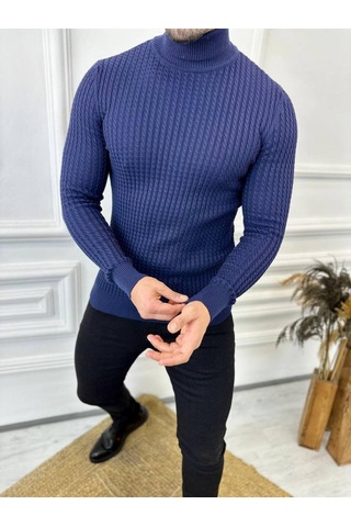 Kazak Slim Fit Tüylenmez Naturel Pamuk Triko Boğazlı Balıkçı Yaka Kazak Lacivert