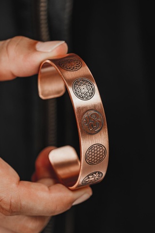 Erkek Bakır Bileklik - Yaşam Çiçeği - Lotus - Sri Yantra - Om Sembolü - Erkek Bakır Kelepçe Bileklik Rose Gold